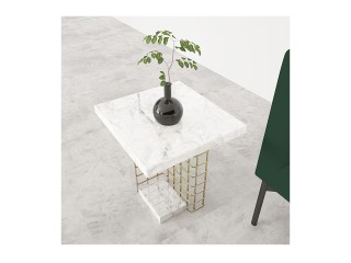 Mały stolik narożny w stylu loftowym z marmurowym blatem.